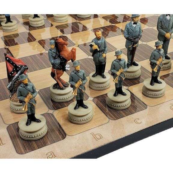 Hand-Painted US Civil War Generals Chess Set on Rustic 17" Board