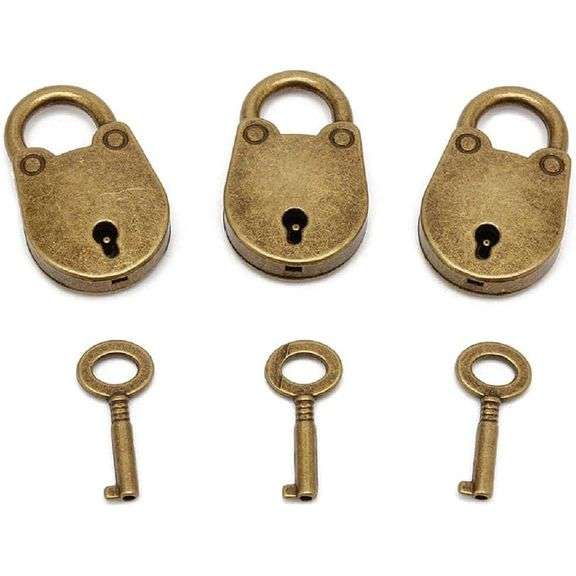 3Pcs Mini Bronze Antique Padlocks Vintage Archaize Style with Keys