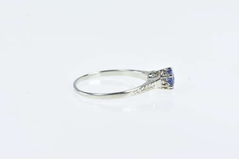 14K White Gold Tanzanite Vine Engraved Ornate Engagement Ring