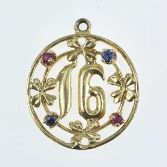 14K Yellow Gold Floral 16 Sweet Sixteen Ruby Sapphire Charm/Pendant