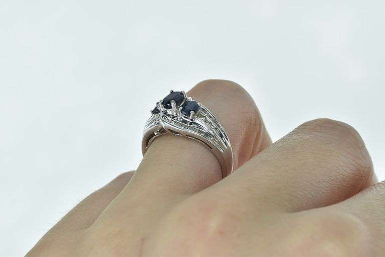 14K White Gold Oval Natural Sapphire Diamond Bypass Ring