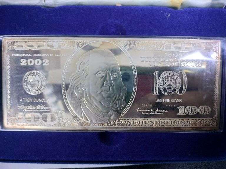 FOUR TROY OZ 0.999 SILVER - BEN FRANKLIN $100 BILL YEAR: 2002 WITH COA