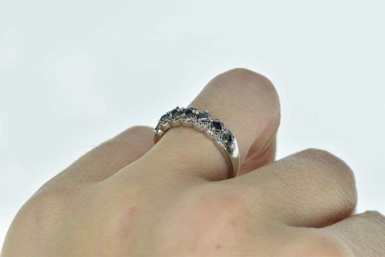 10K White Gold Princess Sapphire Diamond Wedding Band Ring