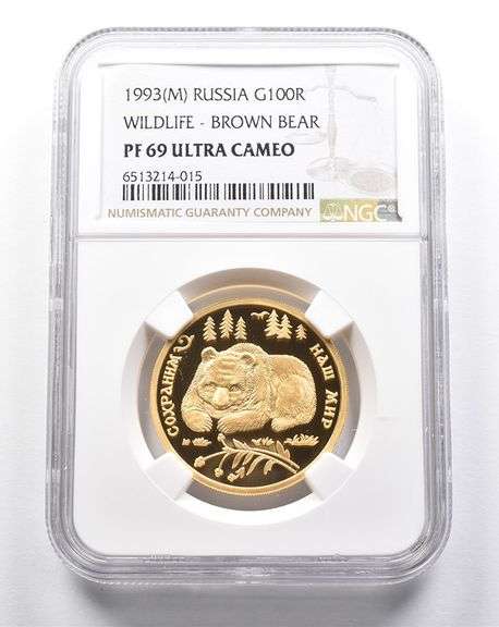 PF69 UCAM 1993 (M) Russia 100 Ruble Gold Wildlife Brown Bear NGC