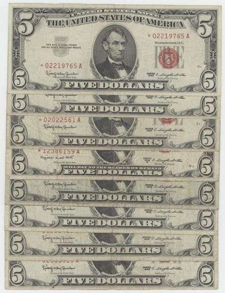 Scarcer lot of 8 Series of 1963 $5 Red Seal STAR notes