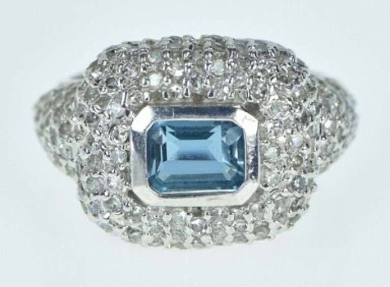 14K White Gold 1.75 Ctw Aquamarine Pave Diamond Statement Ring