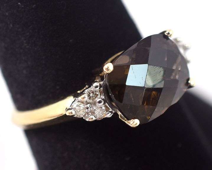 Wonderful 14K Yellow Gold Smokey Quartz and Diamond Ring