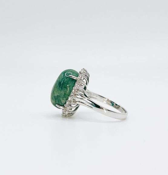 Mesmerizing Massive 12.50CTS Oval Cabochon-Cut Natural Emerald & 0.80CTW White Sapphire Ring in Ster