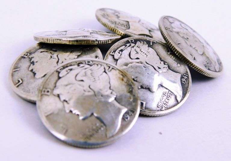 6 Silver 1940's Mercury Dime Buttons
