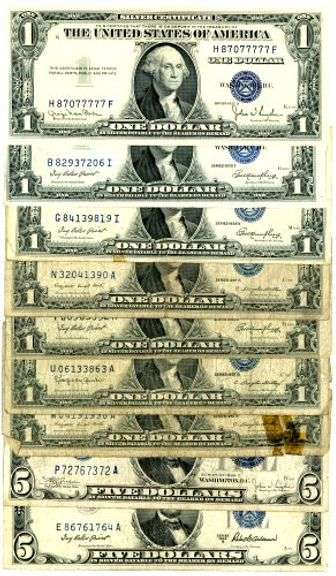 9 Assorted US Silver Certificates: 1934-1953