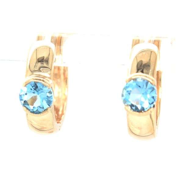 10kt Yellow gold blue topaz bezel set hoop earrings