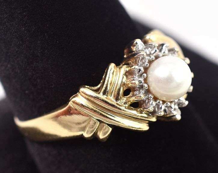 Fantastic 10K Yellow Gold Pearl and Diamond Ring