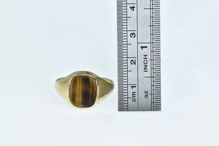 9K Yellow Gold Squared Men's Tiger's Eye Vintage Statement Ring