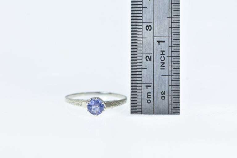 14K White Gold Tanzanite Vine Engraved Ornate Engagement Ring