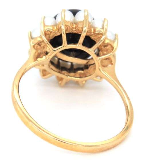 14kt Yellow gold black onyx and pearl cocktail ring