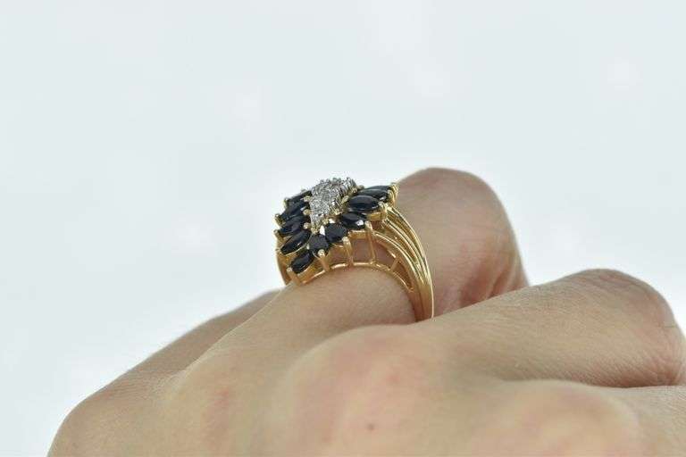 14K Yellow Gold Marquise Sapphire Diamond Freeform Cluster Ring