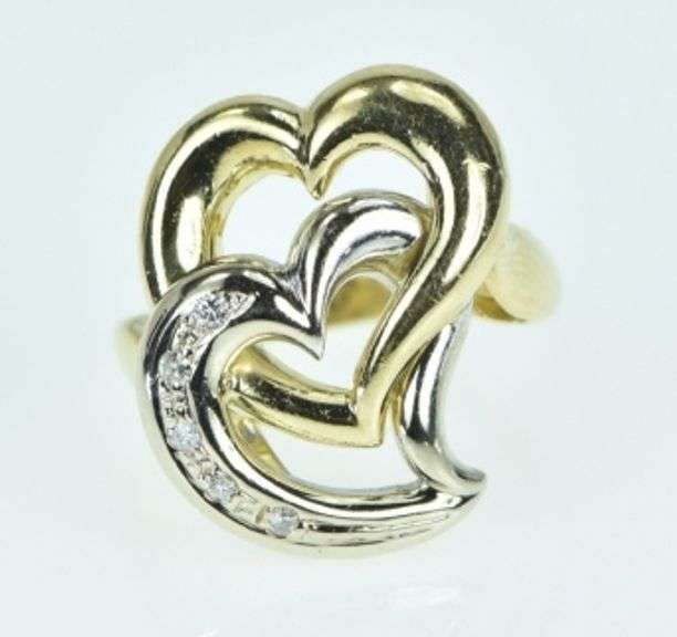 18K Yellow Gold Diamond Vintage Two Tone Interlocking Heart Ring