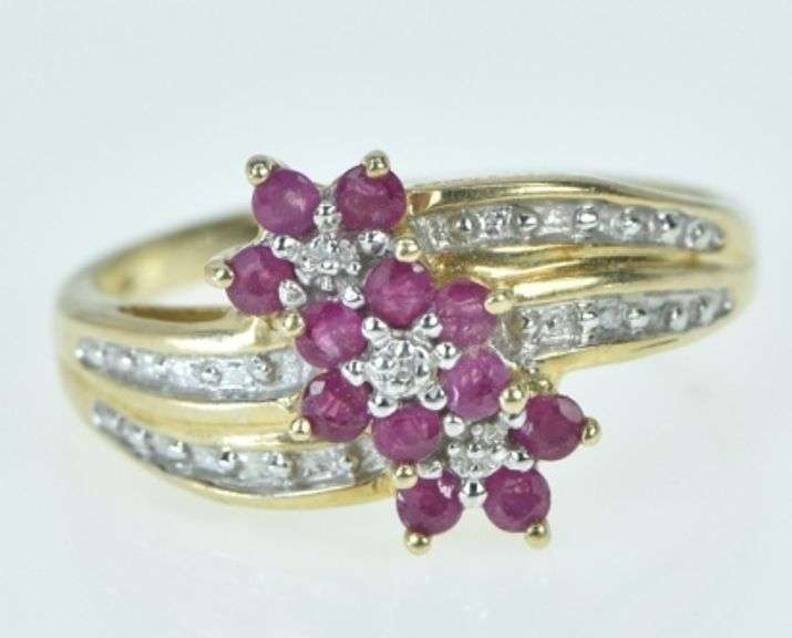 10K Yellow Gold Ruby Flower Cluster Diamond Accent Bypass Ring