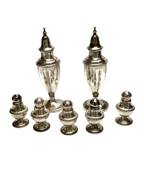 Vintage Sterling and Silver Plated Shakers Dunkirk and Paris WM Rogers & Son, Lot of 7