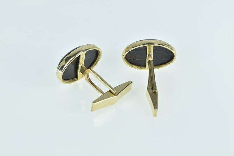 14K Yellow Gold Oval Black Onyx Cabochon Vintage Cuff Links
