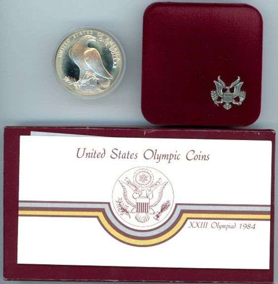 2 Different Olympic Commemorative Silver Dollars with Box/CoA: 1983 BU and 1984 Proof