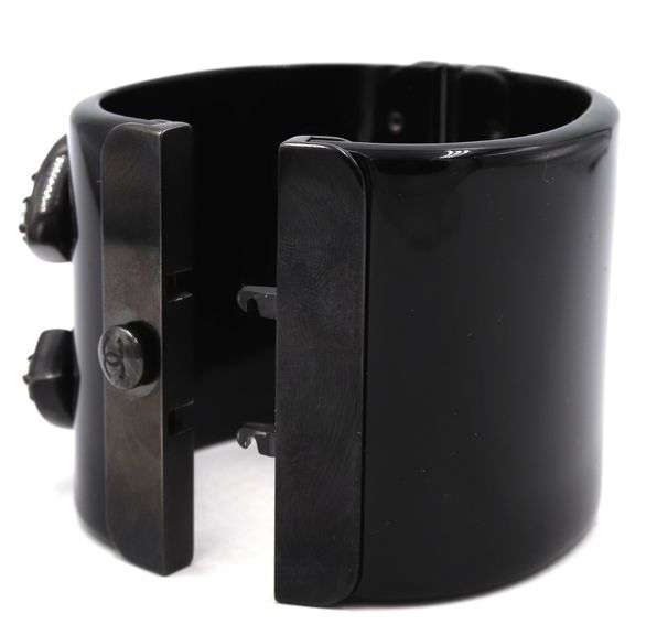 Chanel black Resin crystal CC wide cuff bracelet