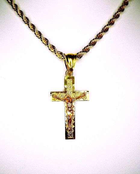 14 Kt Plated Rose Gold and Yellow Gold. Two Tone Rose Gold and Yellow Gold Jesus Cross Pendant Neckl