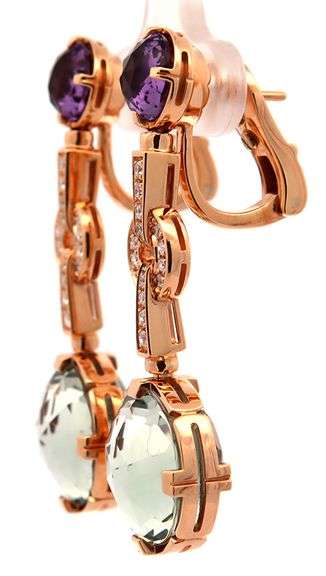 Bvlgari Parentesi Diamond Green Quartz and Amethyst Cocktail Earrings in 18K W/Box