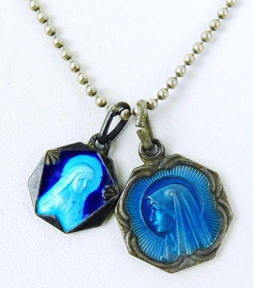 Antique French Enameled Madonna Medals on Sterling Chain