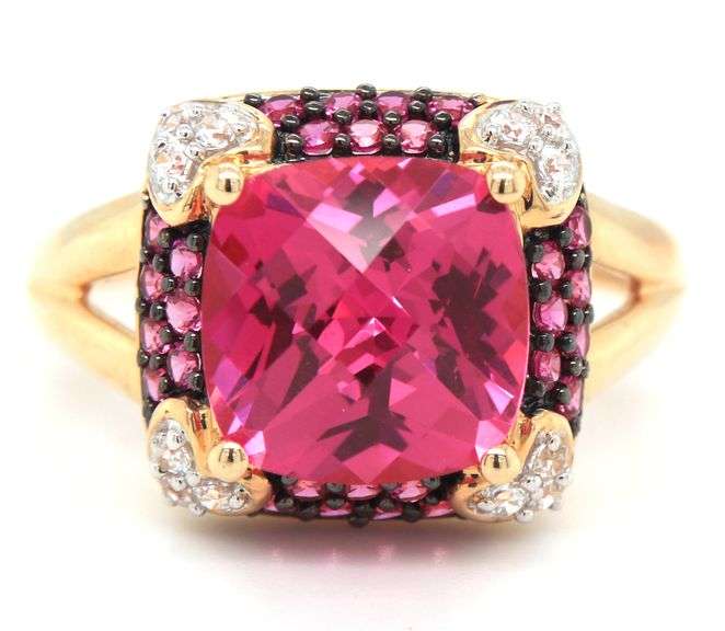 14kt Yellow gold pink topaz and diamond cocktail ring