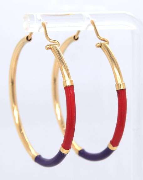 18kt Yellow gold Pink Purple Enamel hoop earrings