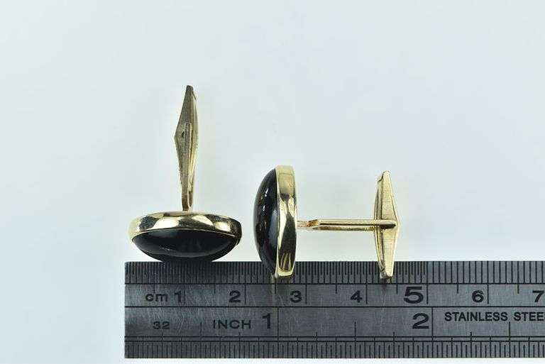14K Yellow Gold Oval Black Onyx Cabochon Vintage Cuff Links
