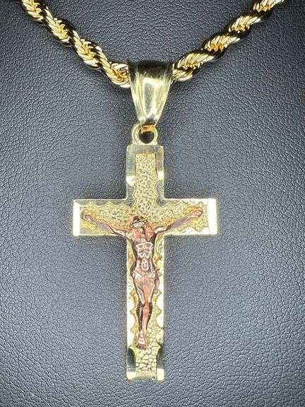 14 Kt Plated Rose Gold and Yellow Gold. Two Tone Rose Gold and Yellow Gold Jesus Cross Pendant Neckl