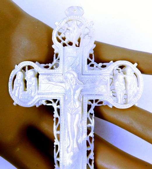 Incredible Antique Large Carved Mother of Pearl Crucifix