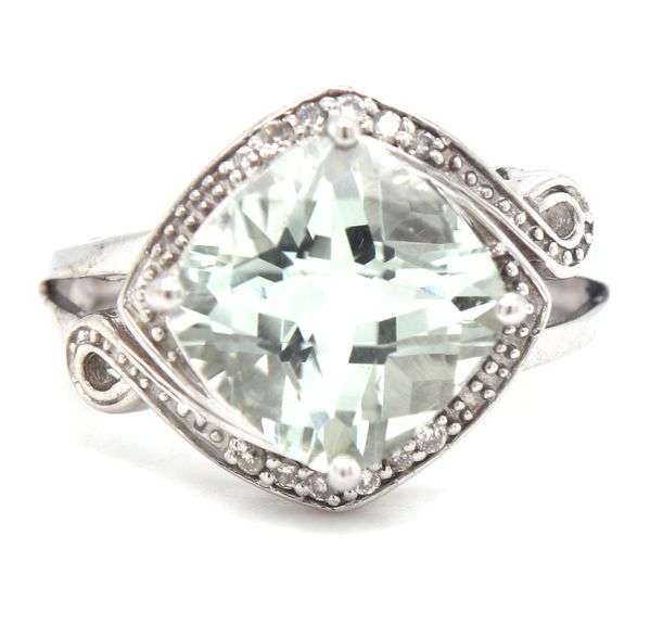 14kt White gold Cushion cut Prasolite and diamond ring