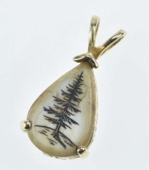 14K Yellow Gold Tree Etched Jasper Pear Cut Filigree Pendant