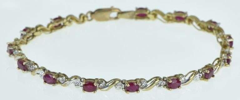 10K Yellow Gold Oval Ruby Diamond Accent Vintage Bracelet
