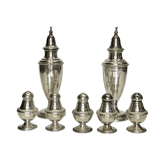 Vintage Sterling and Silver Plated Shakers Dunkirk and Paris WM Rogers & Son, Lot of 7