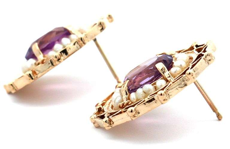 3.20ctw Oval Amethyst and Seed Pearl Heirloom Earrings in 14K