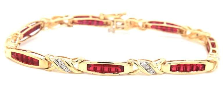 10kt Yellow gold Princess cut ruby and diamond tennis invisible set bracelet