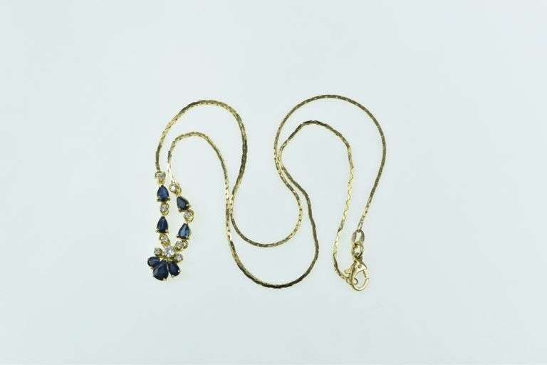 18K Yellow Gold Pear Sapphire Diamond Chevron Chain Necklace