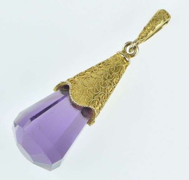 14K Yellow Gold Ornate Amethyst Etruscan Revival Drop Pendant