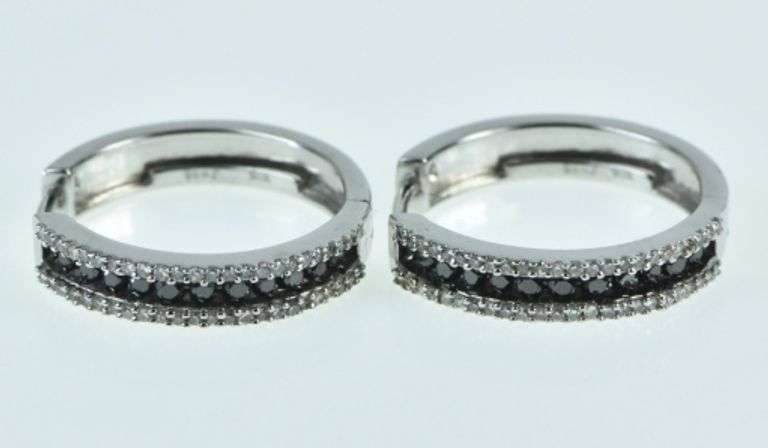 10K White Gold Black & White Diamond Classic Hoop Earrings