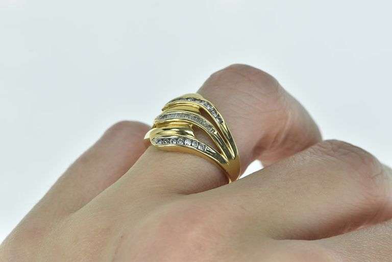 14K Yellow Gold Wavy Diamond Layered Statement Band Ring