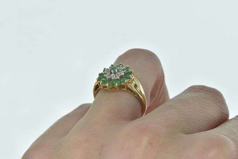 14K Yellow Gold Round Diamond Emerald Halo Cluster Ring