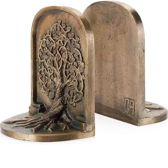 Vintage Tree of Life Bookends Antique Brass Cast Iron Set