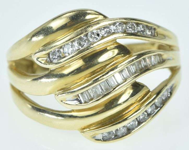 14K Yellow Gold Wavy Diamond Layered Statement Band Ring