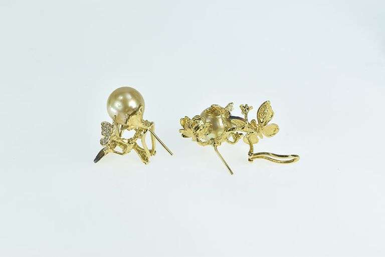 18K Yellow Gold J Y Designer Diamond Pearl Butterfly Earrings