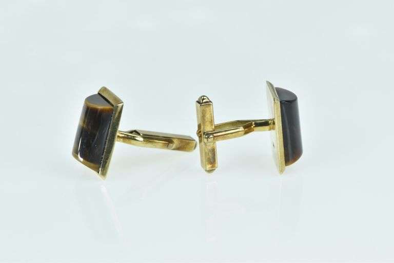 9K Yellow Gold 1960's Tiger's Eye Vintage Curved Men's Cuff Links