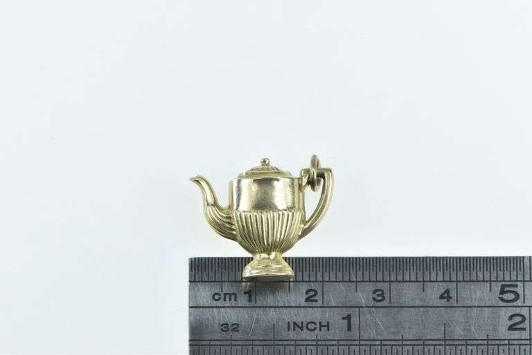 9K Yellow Gold 3D Tea Pot Vintage Grooved Tea Party Charm/Pendant